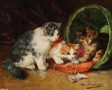 chatons lisant un livre Alfred Brunel de Neuville Peinture à l'huile